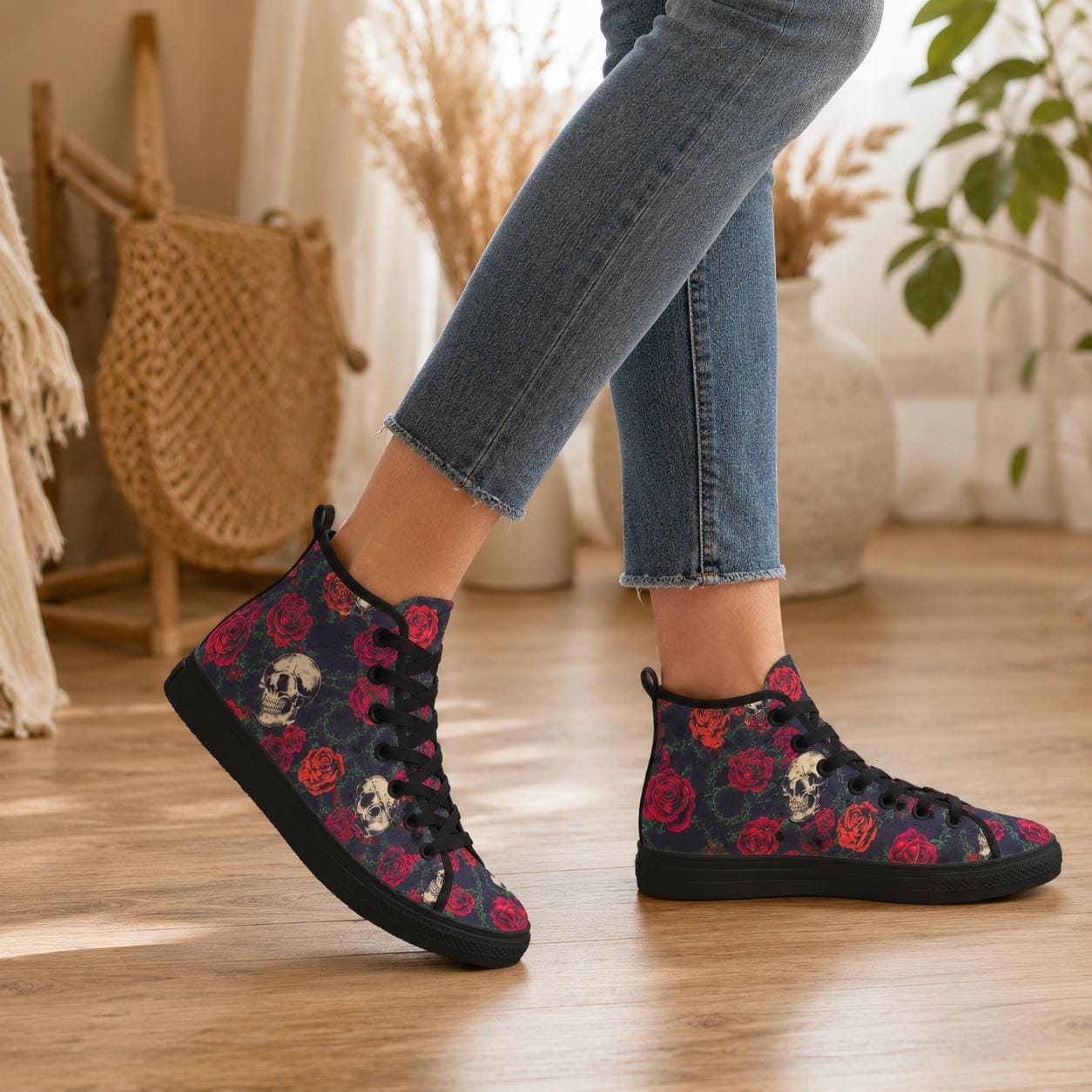 Skull Rose High Top Canvas Sneakers, Gothic Tattoo Art Lace Up Kicks