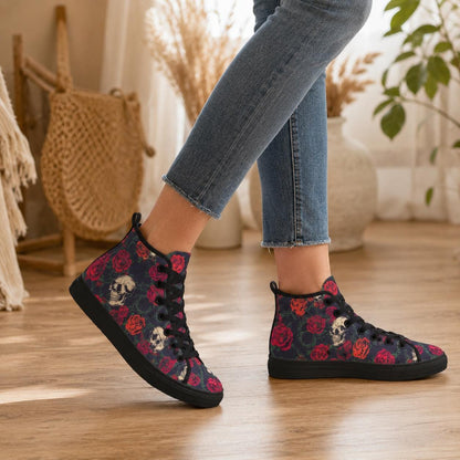Skull Rose High Top Canvas Sneakers, Gothic Tattoo Art Lace Up Kicks