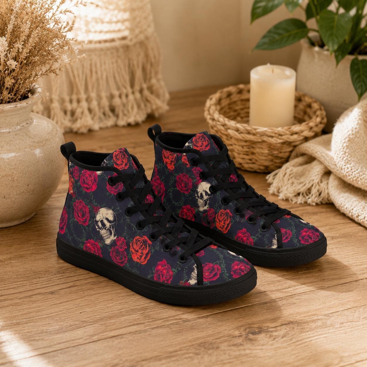 Skull Rose High Top Canvas Sneakers, Gothic Tattoo Art Lace Up Kicks