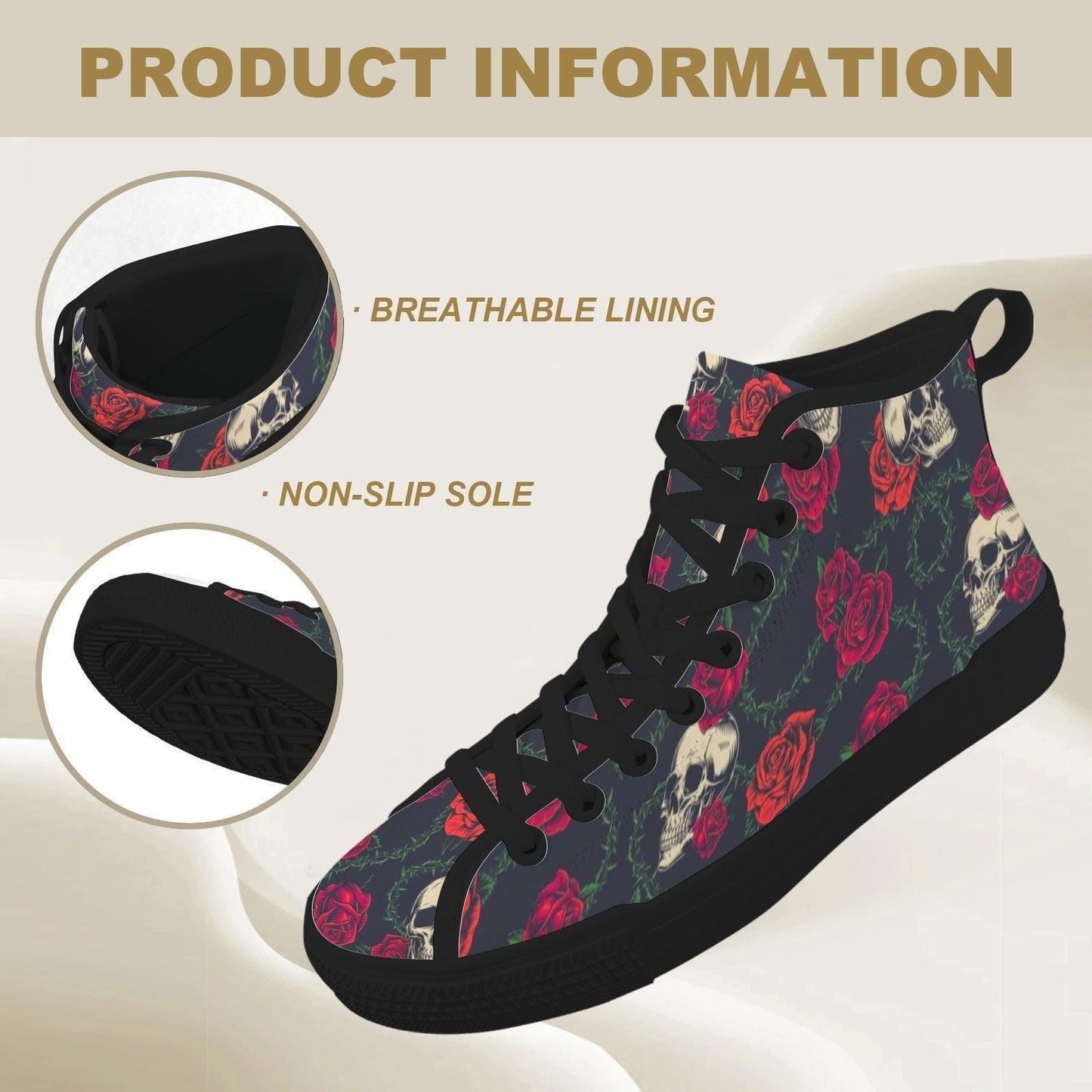 Skull Rose High Top Canvas Sneakers, Gothic Tattoo Art Lace Up Kicks
