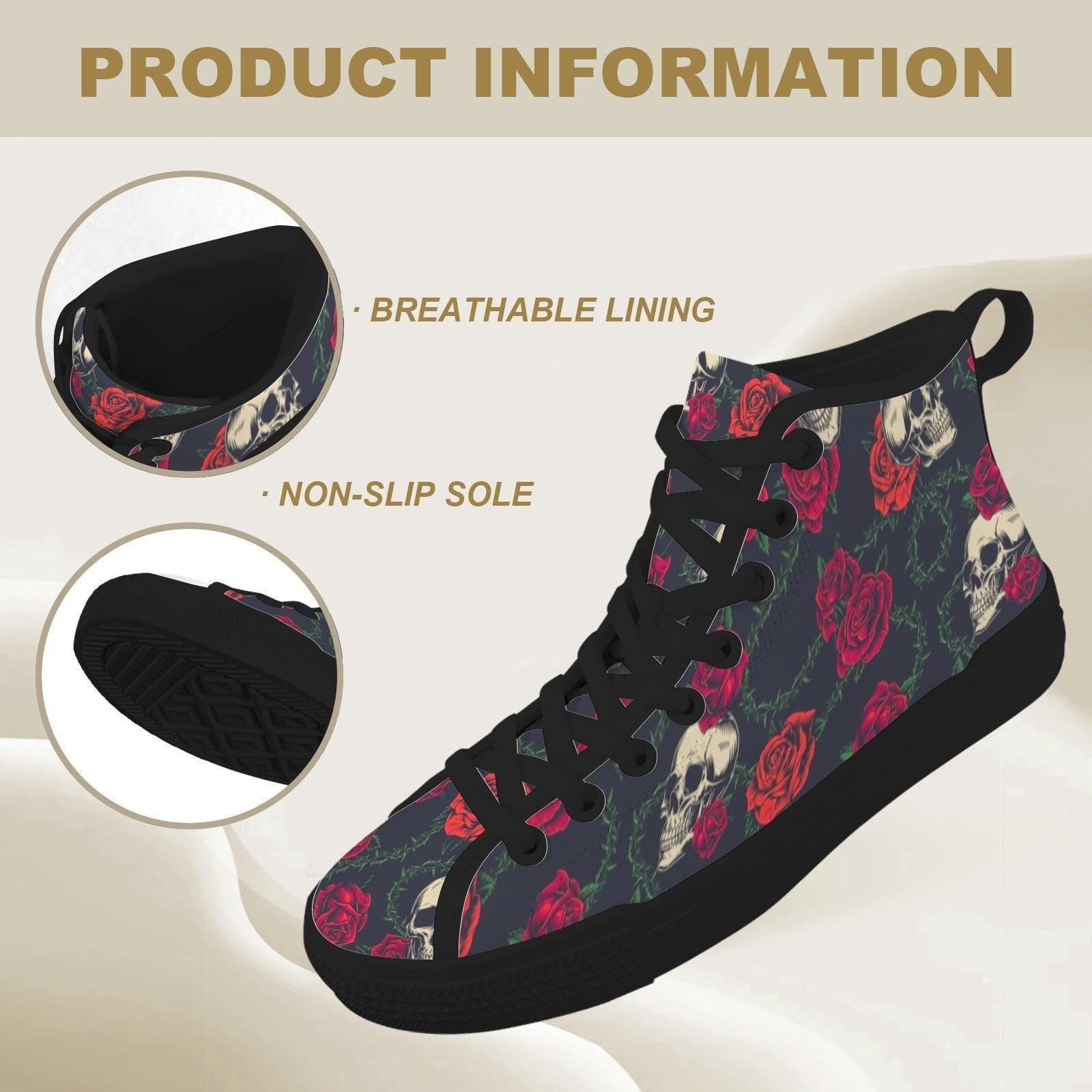 Skull Rose High Top Canvas Sneakers, Gothic Tattoo Art Lace Up Kicks