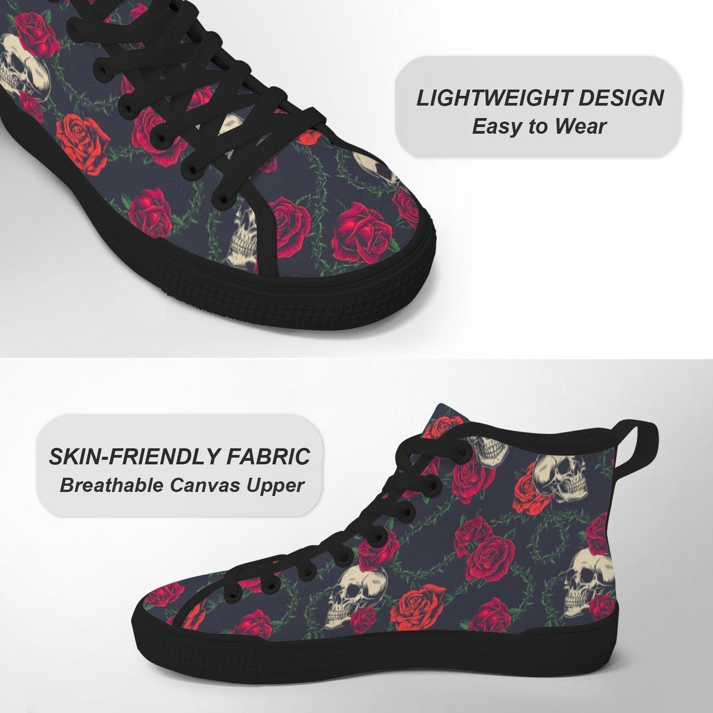 Skull Rose High Top Canvas Sneakers, Gothic Tattoo Art Lace Up Kicks
