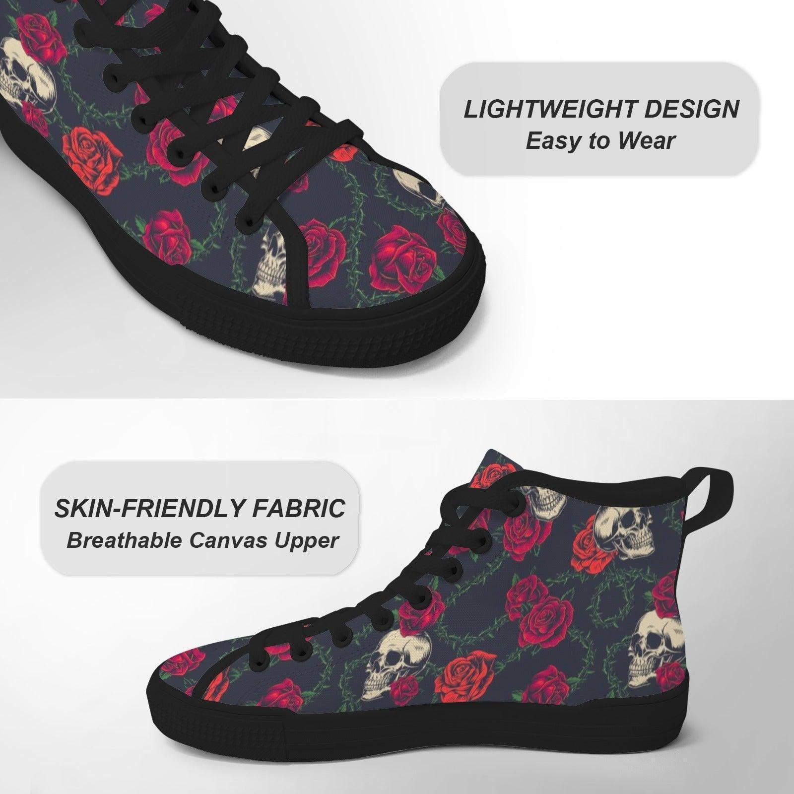 Skull Rose High Top Canvas Sneakers, Gothic Tattoo Art Lace Up Kicks