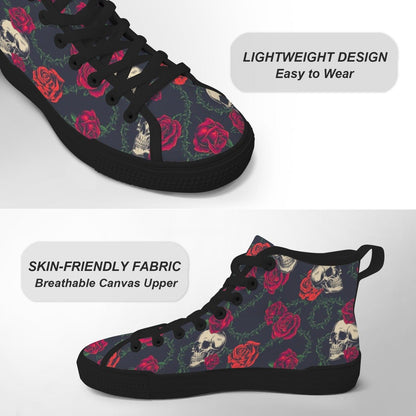 Skull Rose High Top Canvas Sneakers, Gothic Tattoo Art Lace Up Kicks