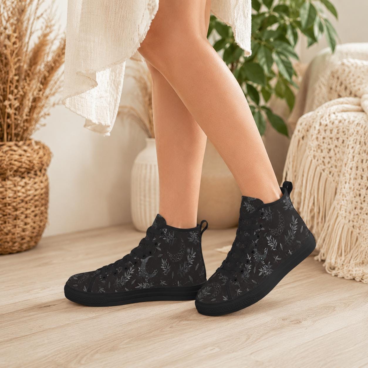 Witchy High Top Sneakers, Black Botanical Moon Wildflower Print Canvas Shoes