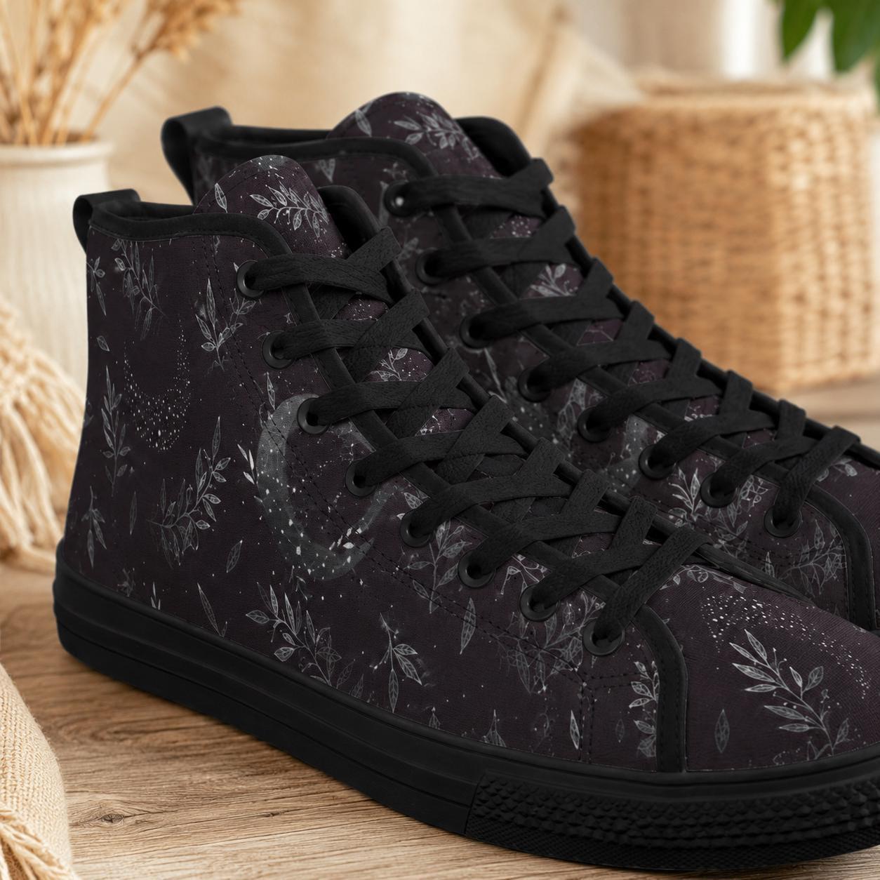 Witchy High Top Sneakers, Black Botanical Moon Wildflower Print Canvas Shoes