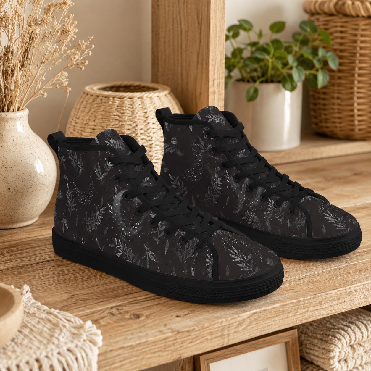 Witchy High Top Sneakers, Black Botanical Moon Wildflower Print Canvas Shoes