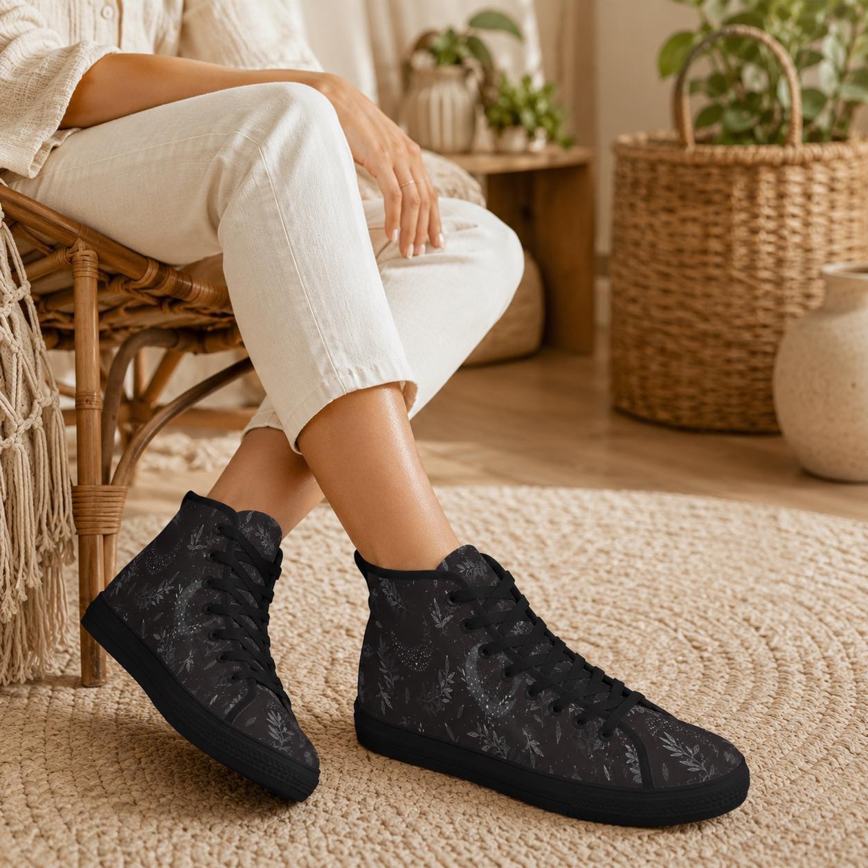 Witchy High Top Sneakers, Black Botanical Moon Wildflower Print Canvas Shoes