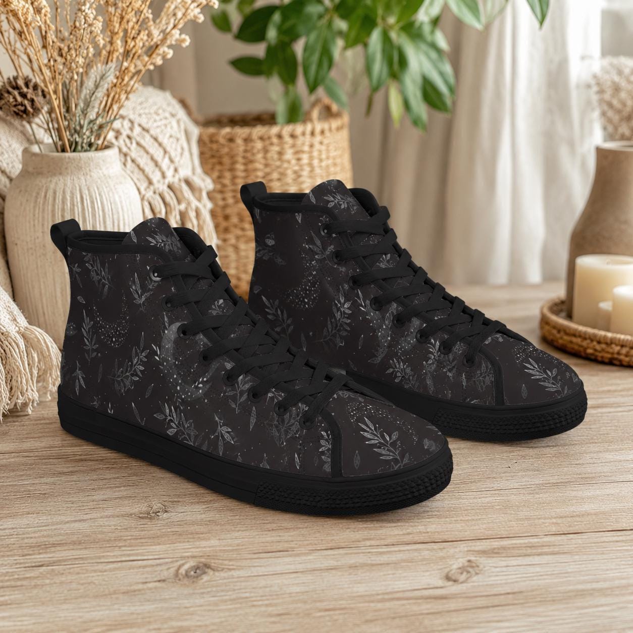 Witchy High Top Sneakers, Black Botanical Moon Wildflower Print Canvas Shoes