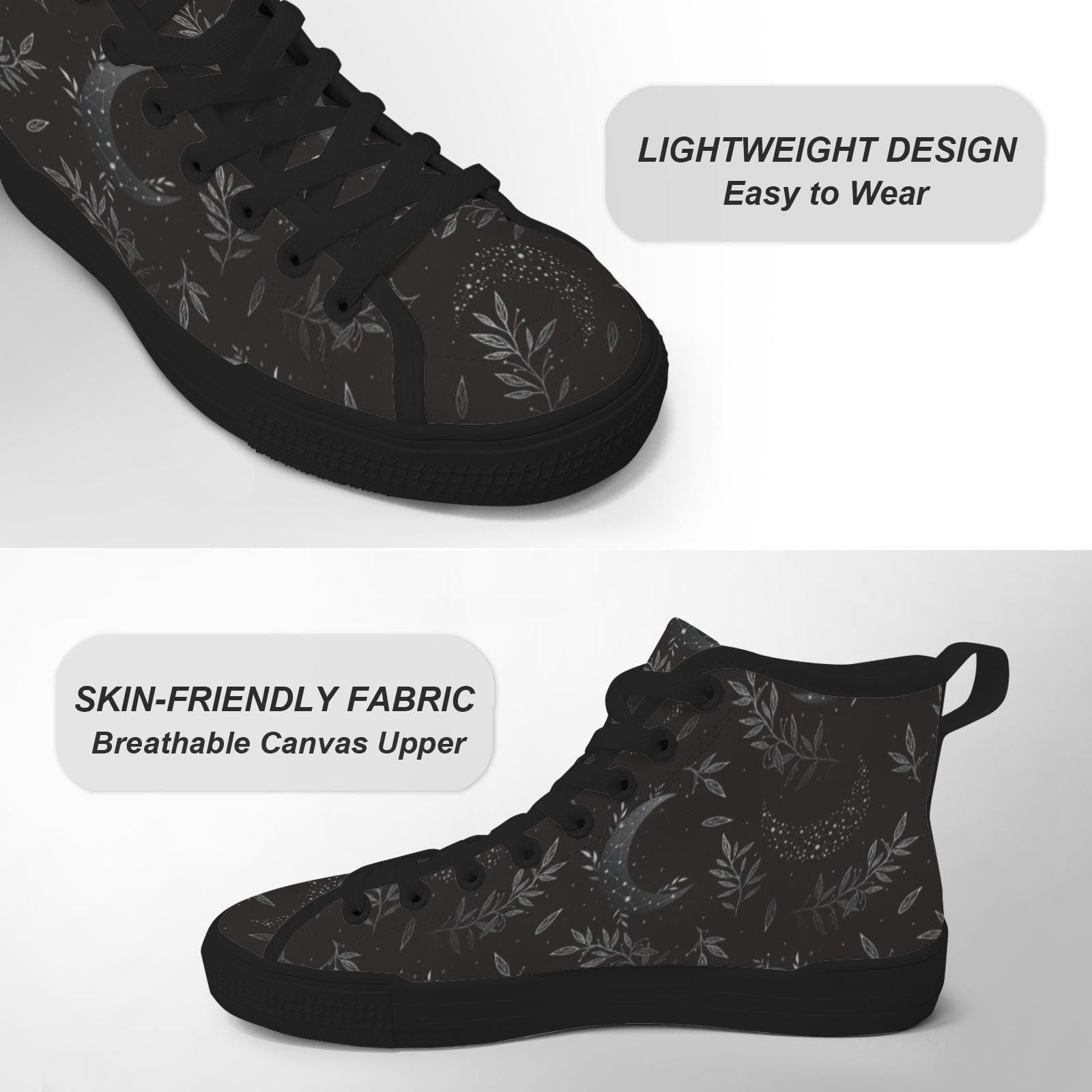 Witchy High Top Sneakers, Black Botanical Moon Wildflower Print Canvas Shoes
