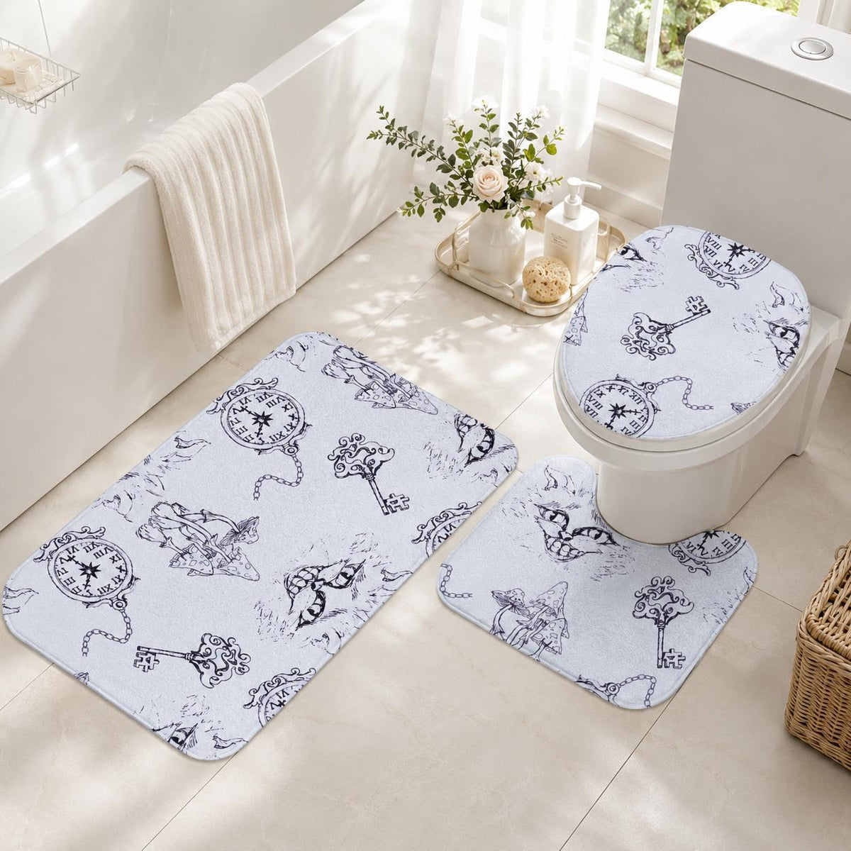 Alice in Wonderland Bathroom Rug Set, Clock and Key Storybook Bath Mats