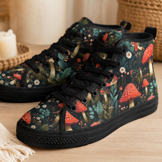 Cottagecore Mushroom Wildflower High Top Sneakers, Dark Forest Canvas Shoes