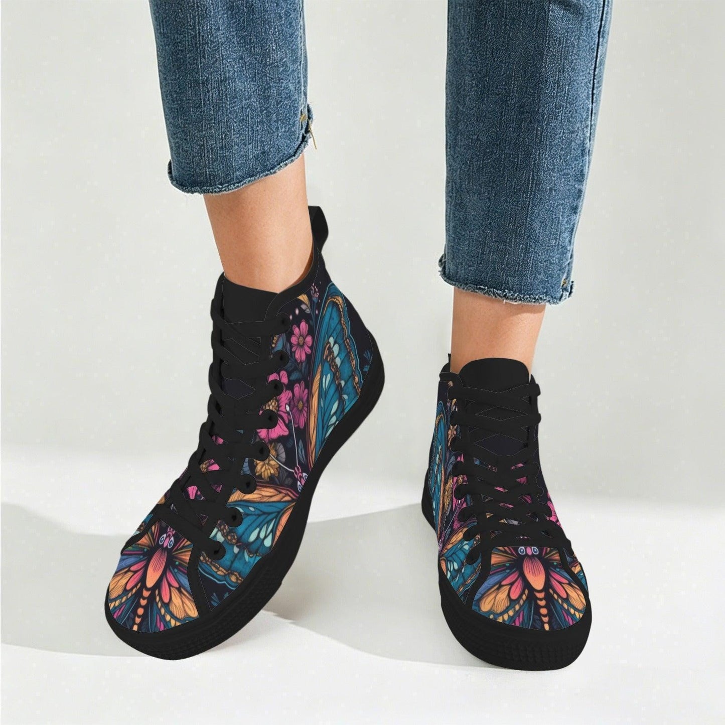 Butterfly High Top Sneakers, Stained Glass Floral Canvas Shoes, Boho Wildflower Festival Season