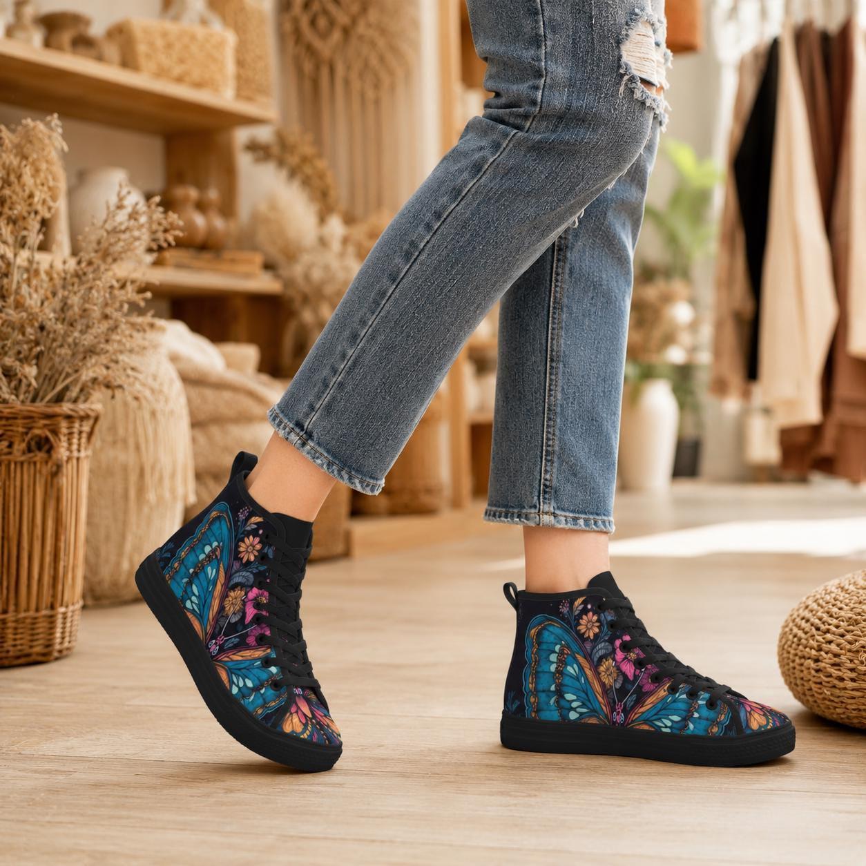 Butterfly High Top Sneakers, Stained Glass Floral Canvas Shoes, Boho Wildflower Festival Season