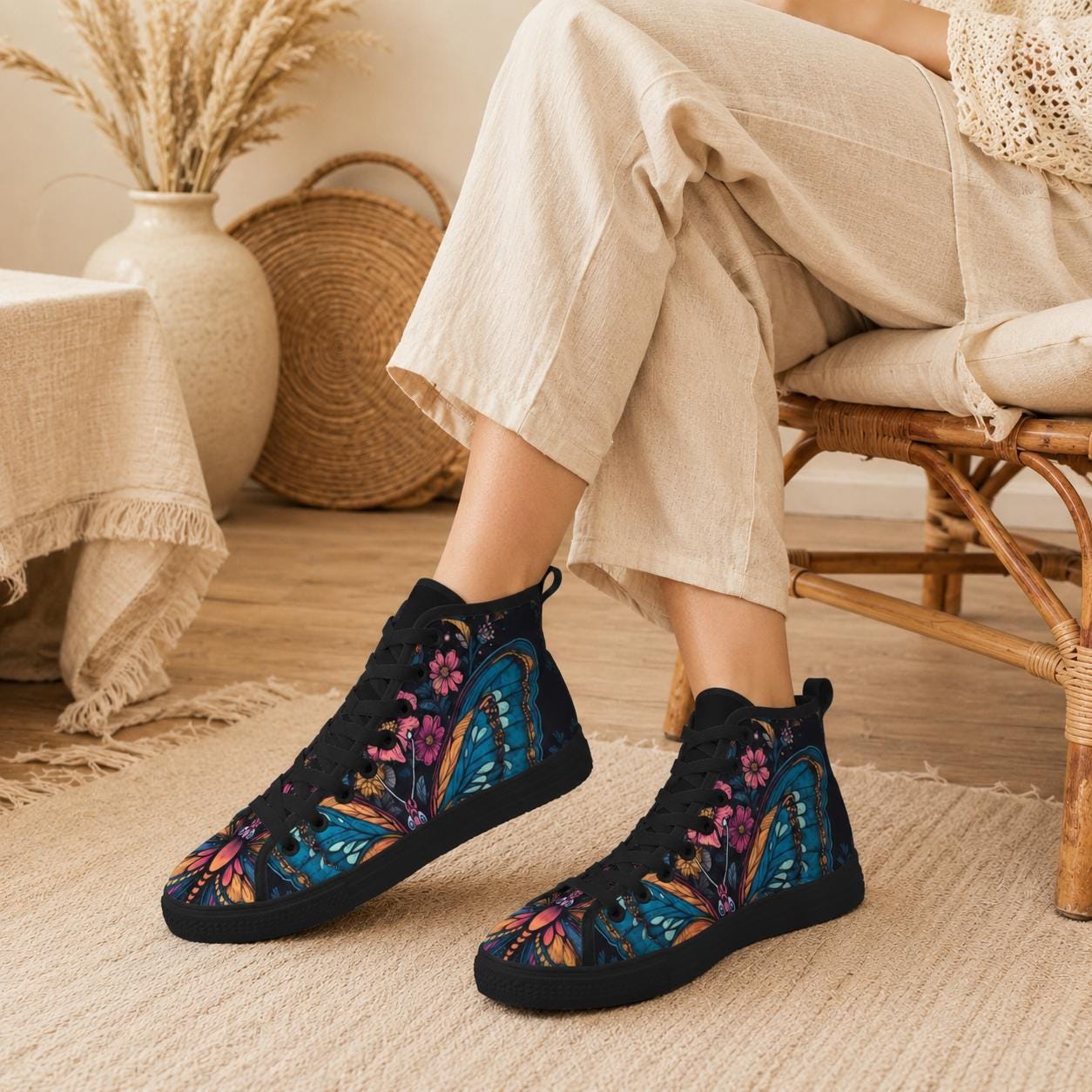 Butterfly High Top Sneakers, Stained Glass Floral Canvas Shoes, Boho Wildflower Festival Season