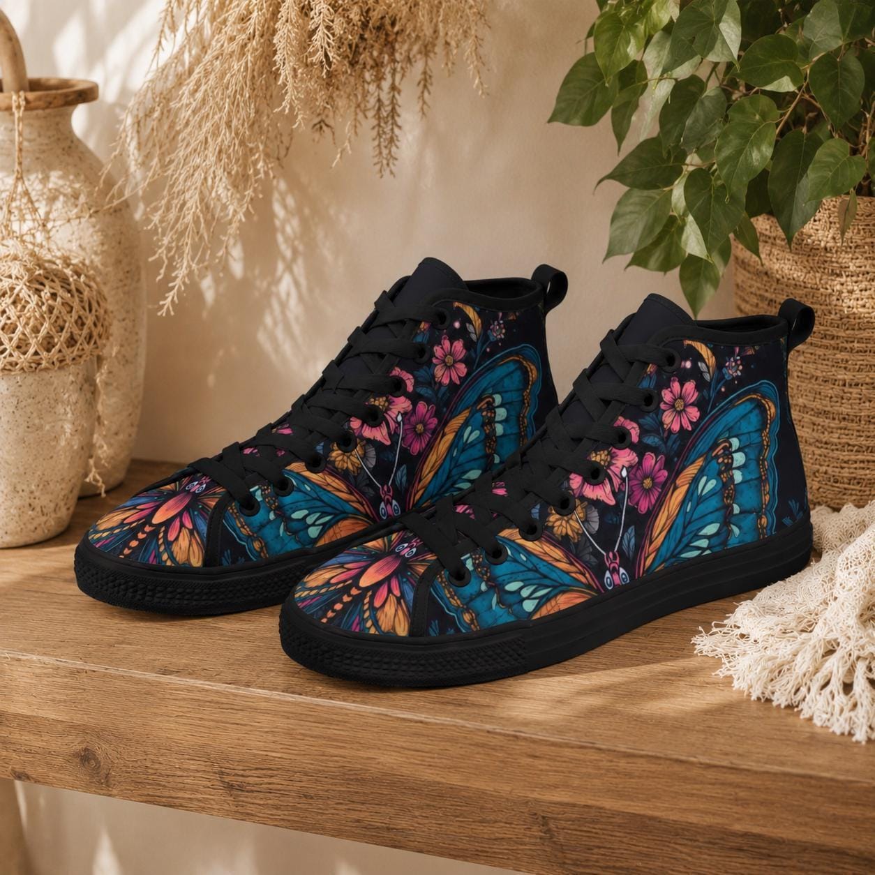 Butterfly High Top Sneakers, Stained Glass Floral Canvas Shoes, Boho Wildflower Festival Season