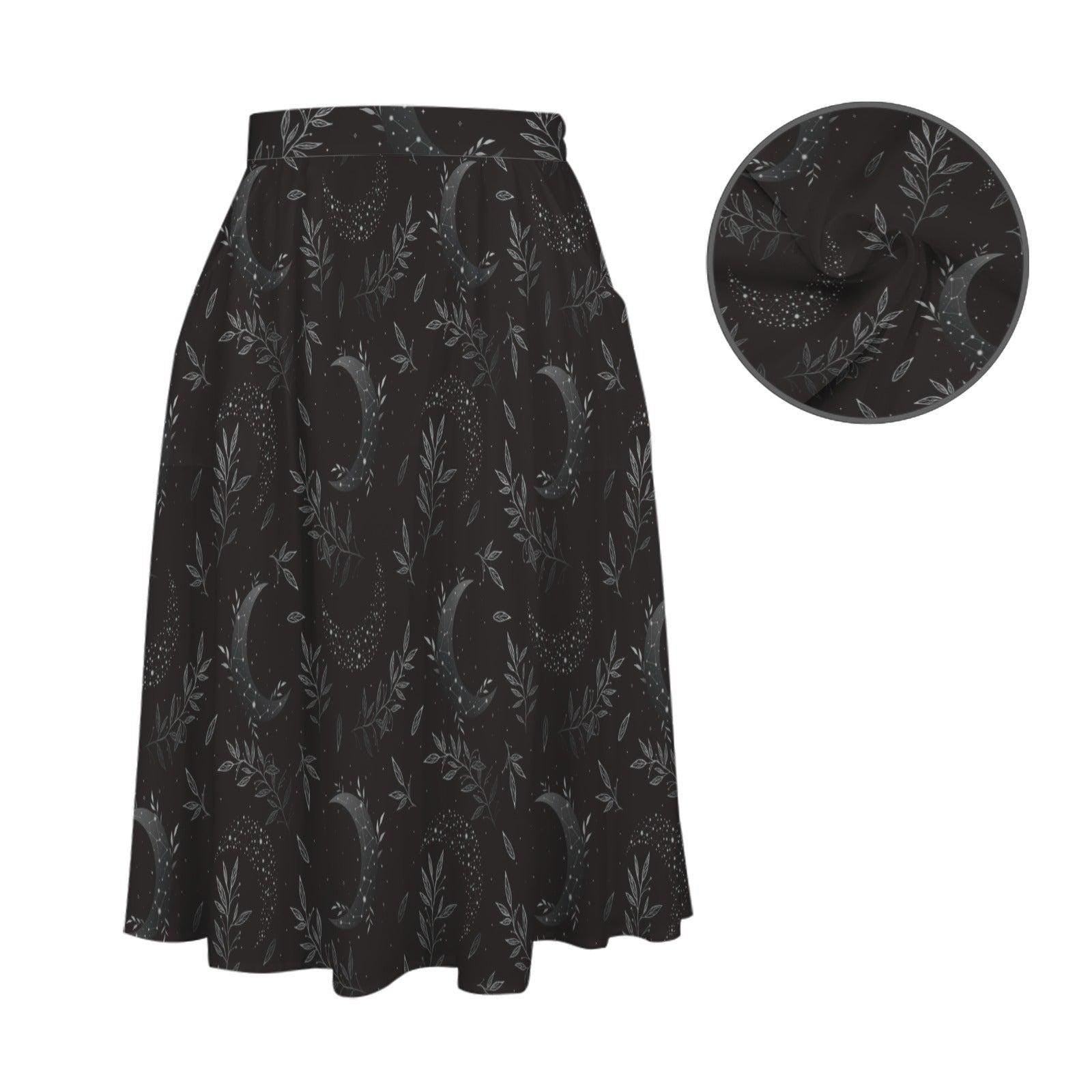Whimsigoth Midi Skirt, Black Moon Botanical Print, High Waist A-Line with Pockets