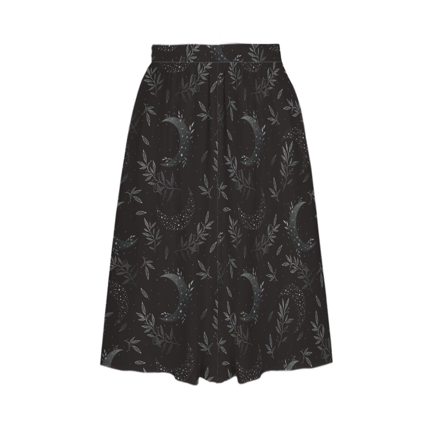 Whimsigoth Midi Skirt, Black Moon Botanical Print, High Waist A-Line with Pockets