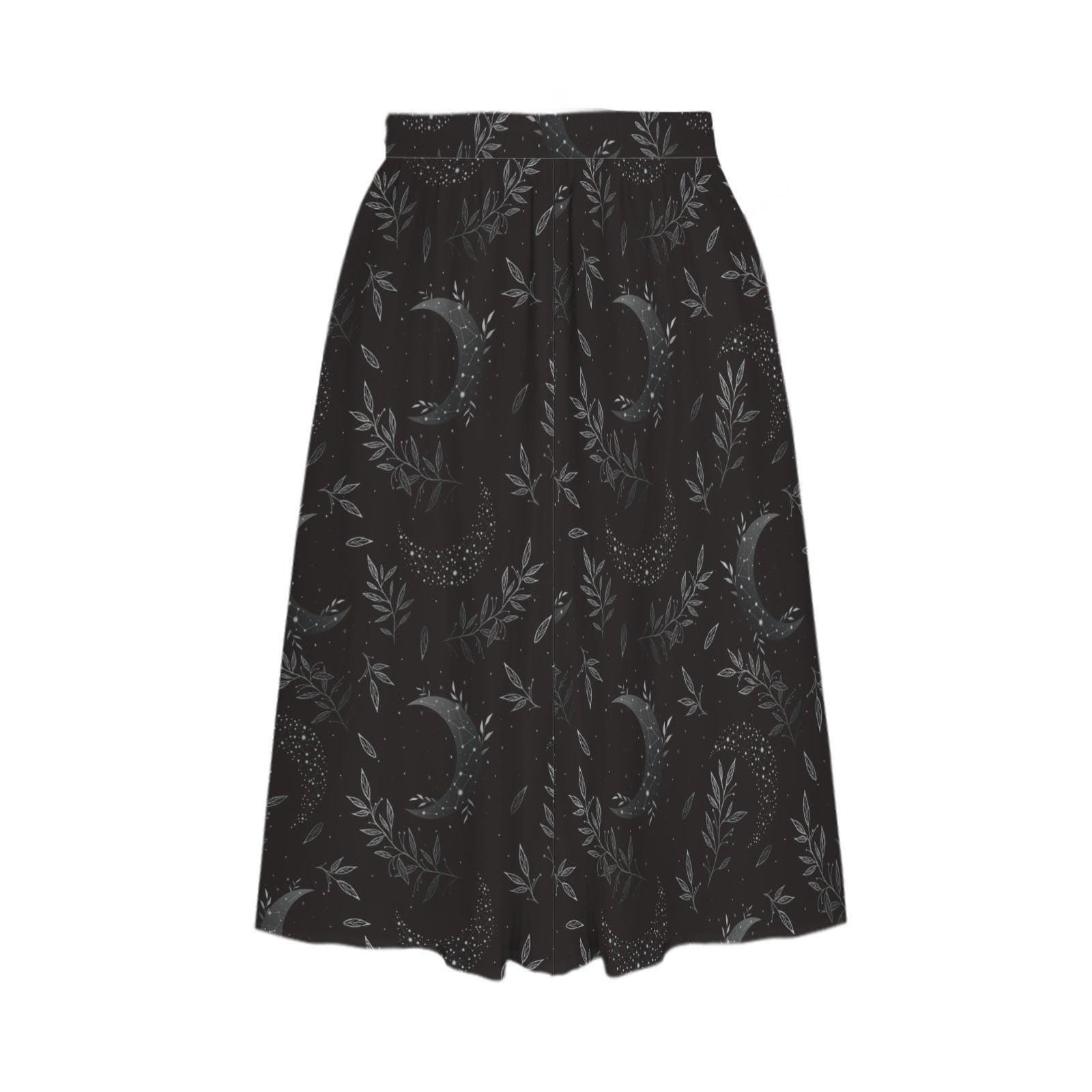 Whimsigoth Midi Skirt, Black Moon Botanical Print, High Waist A-Line with Pockets