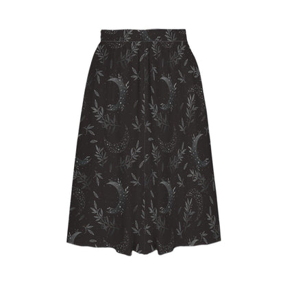 Whimsigoth Midi Skirt, Black Moon Botanical Print, High Waist A-Line with Pockets