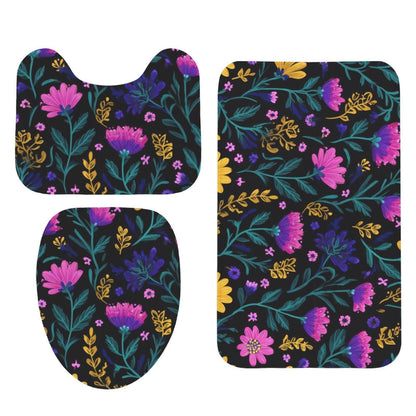 Wildflower Bathroom Rug Set, Dark Pink Purple Bath Mat and Toilet Contour Rug