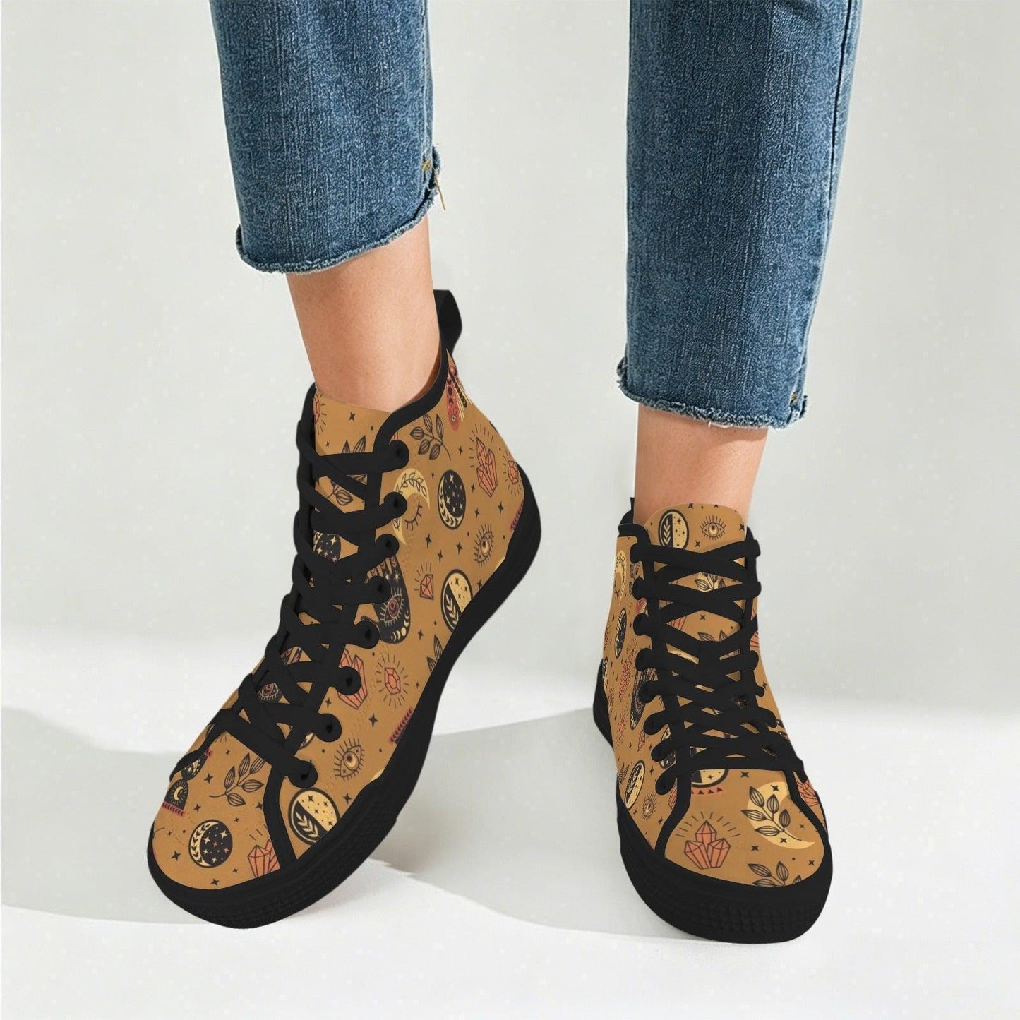 Celestial High Top Sneakers, Tan Sun Moon Mystic Eye Print Canvas Shoes