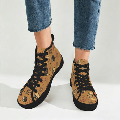Celestial High Top Sneakers, Tan Sun Moon Mystic Eye Print Canvas Shoes