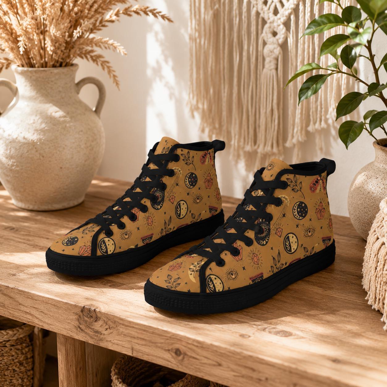 Celestial High Top Sneakers, Tan Sun Moon Mystic Eye Print Canvas Shoes