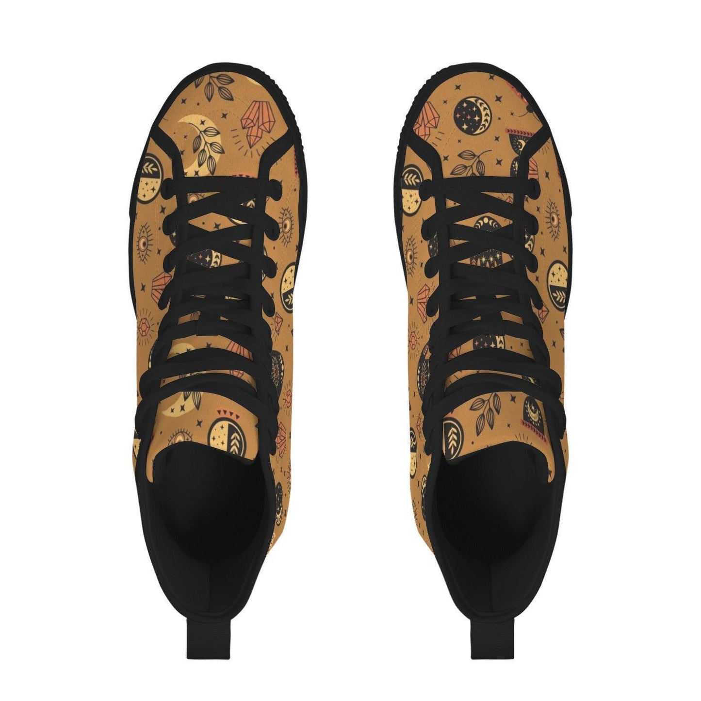 Celestial High Top Sneakers, Tan Sun Moon Mystic Eye Print Canvas Shoes