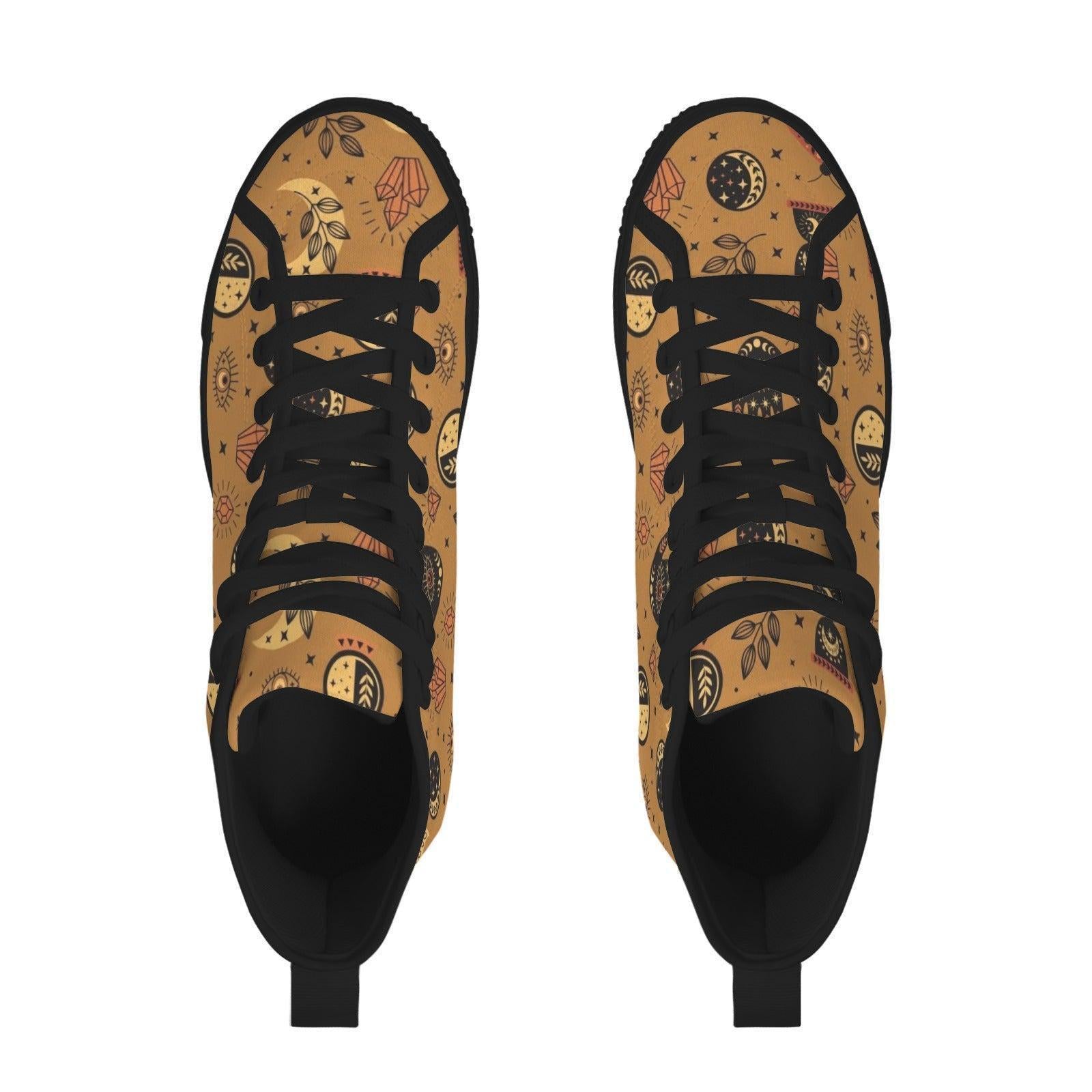 Celestial High Top Sneakers, Tan Sun Moon Mystic Eye Print Canvas Shoes