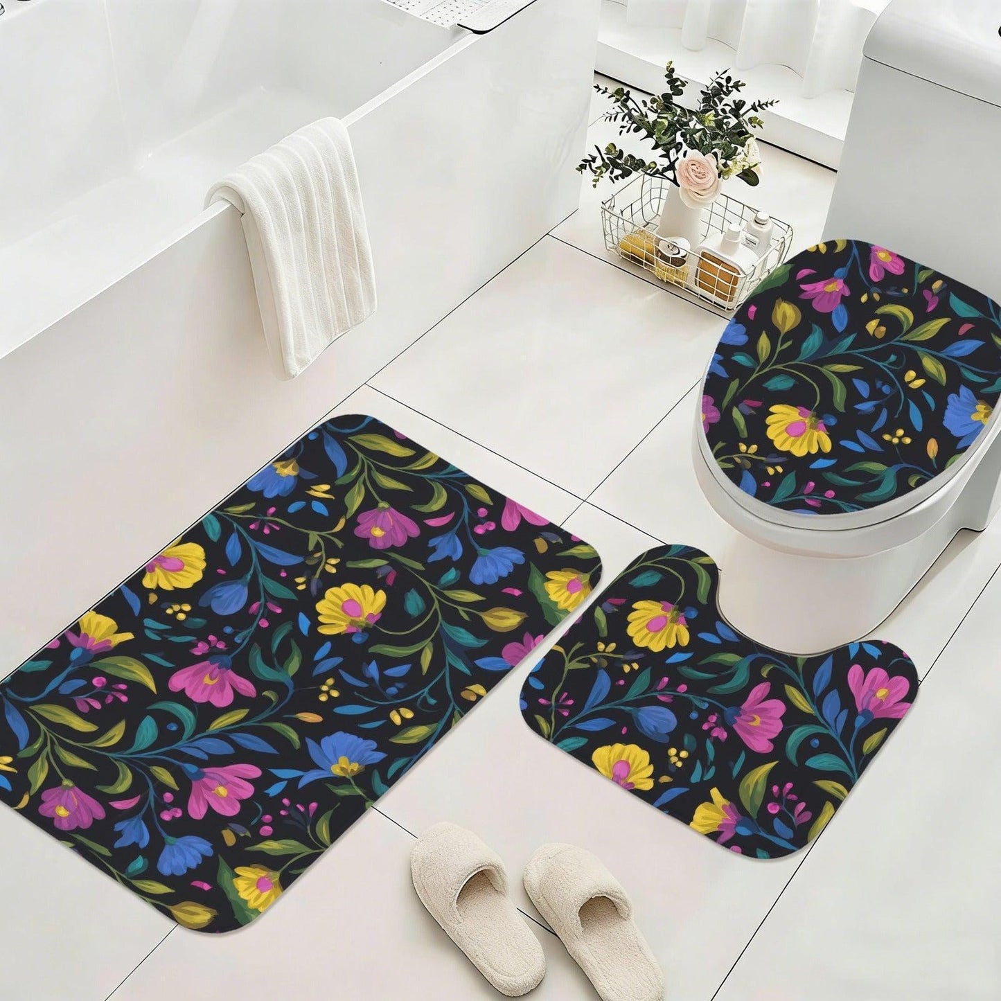 Black Folk Floral 3-Piece Bathroom Rug Set
