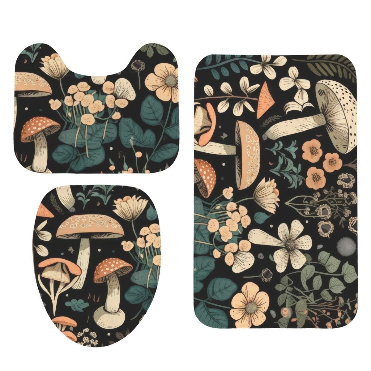 Mushroom Bathroom Rug Set, Dark Woodland Floral Bath Mat and Toilet Contour Rug