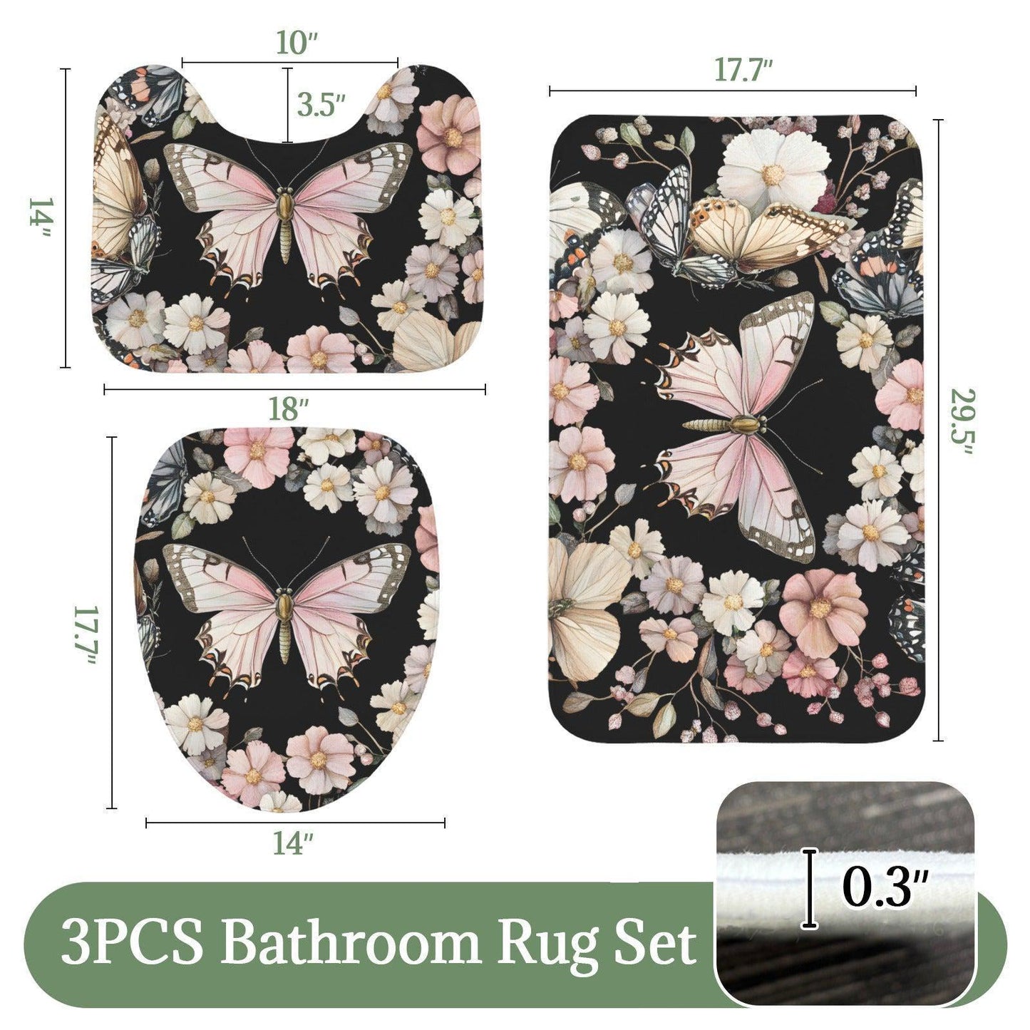Pink Butterfly 3-Piece Bathroom Rug Set