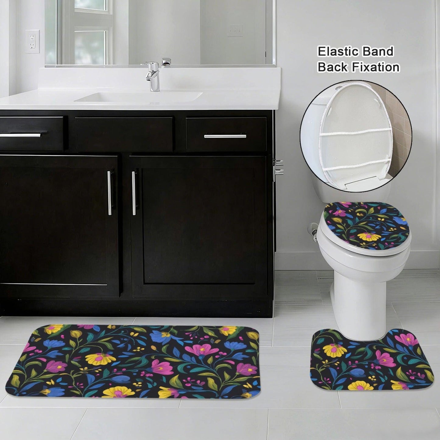 Black Folk Floral 3-Piece Bathroom Rug Set