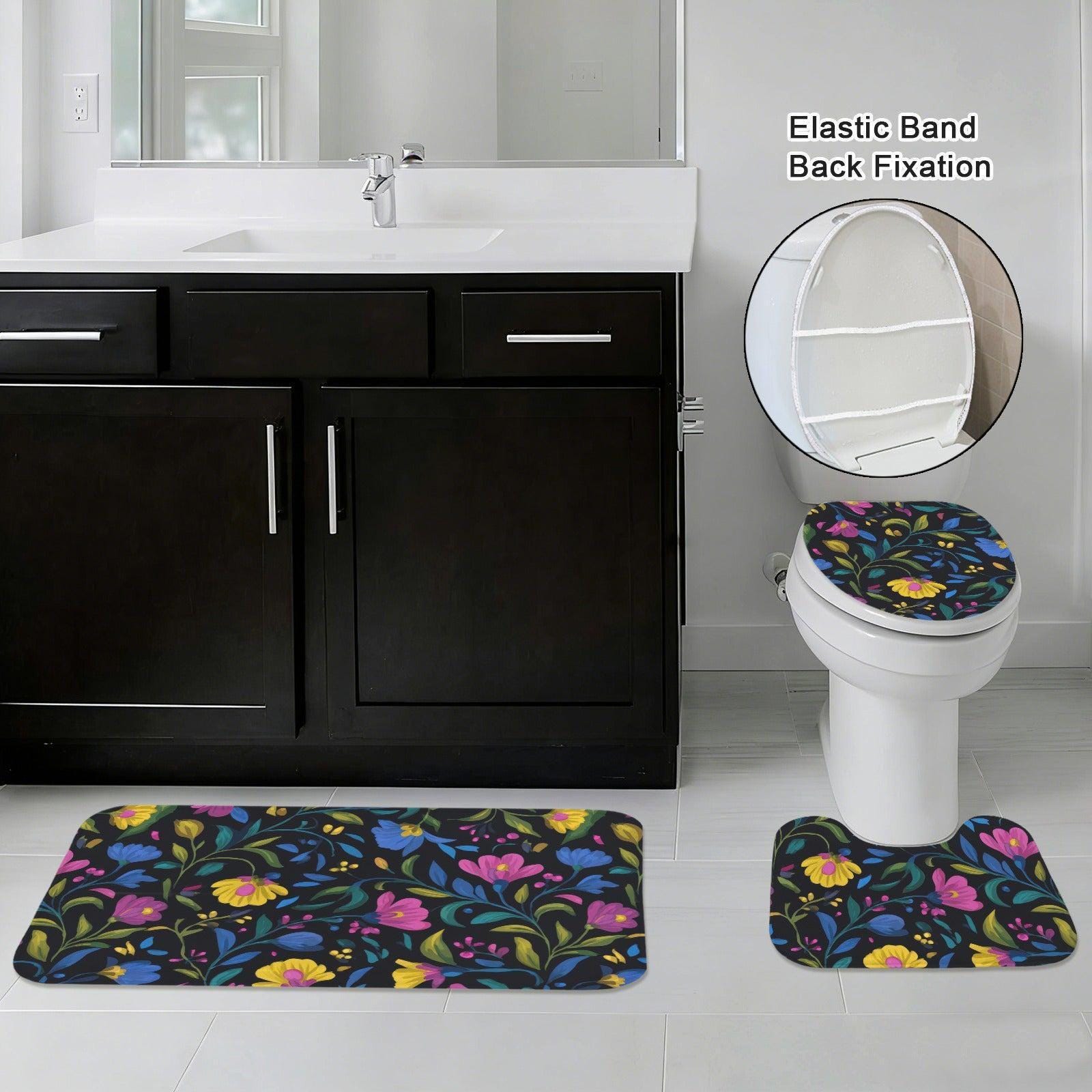 Black Folk Floral 3-Piece Bathroom Rug Set