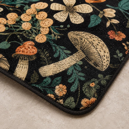 Mushroom Bathroom Rug Set, Dark Woodland Floral Bath Mat and Toilet Contour Rug