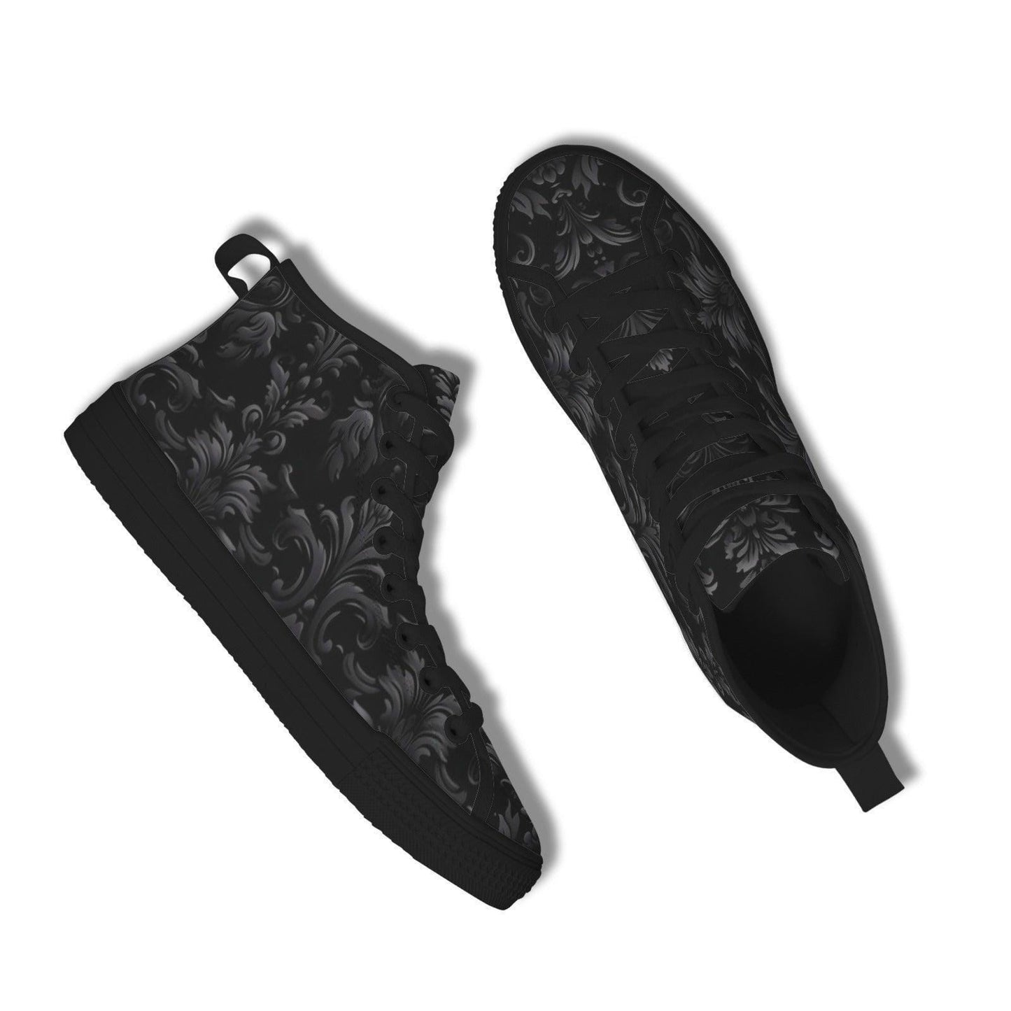 Gothic High Top Sneakers, Black Damask Baroque Canvas Shoes, Goth Streetwear