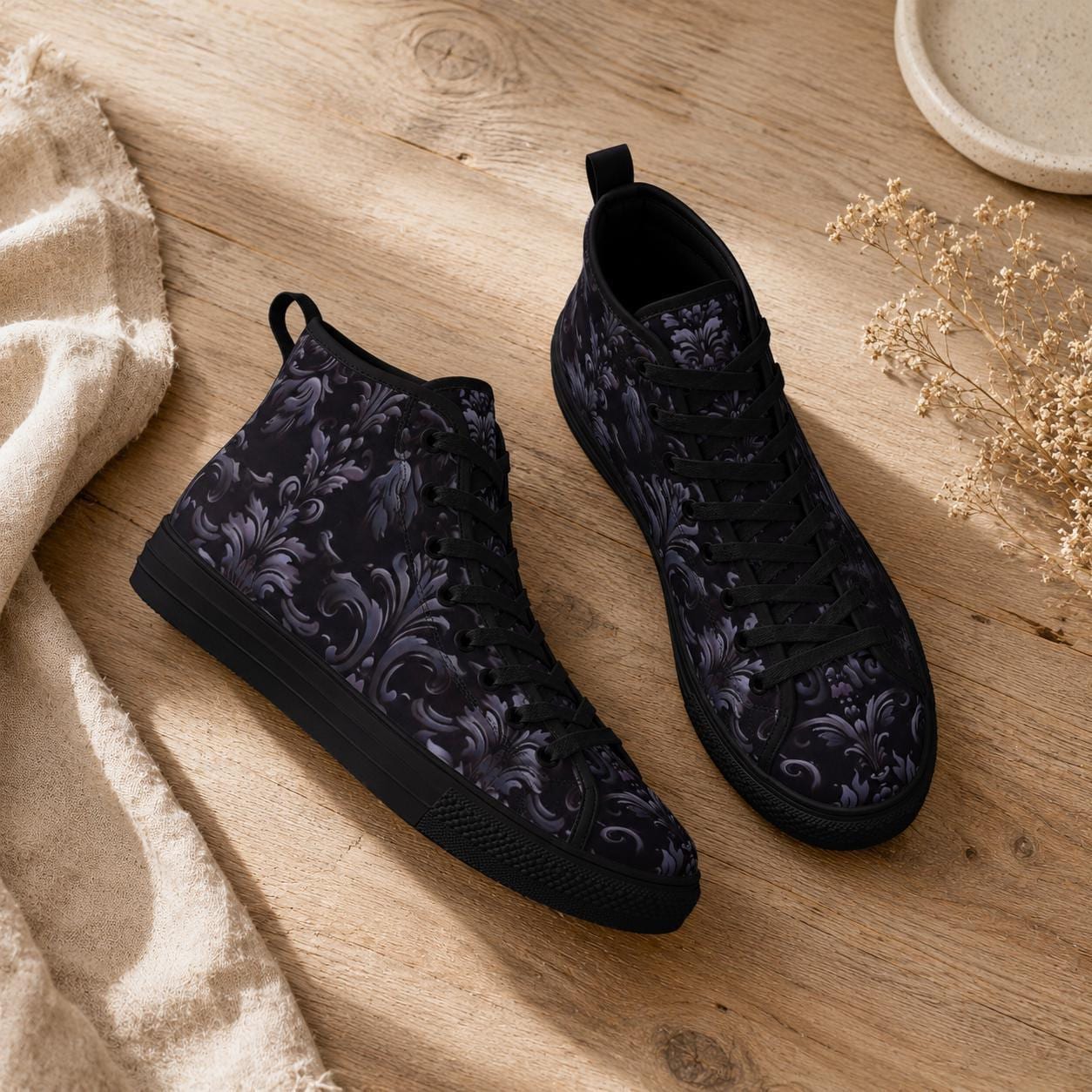 Gothic High Top Sneakers, Black Damask Baroque Canvas Shoes, Goth Streetwear
