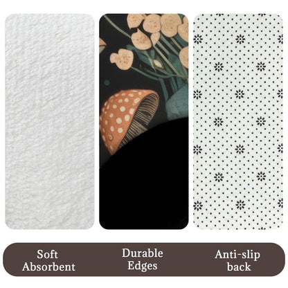 Mushroom Bathroom Rug Set, Dark Woodland Floral Bath Mat and Toilet Contour Rug
