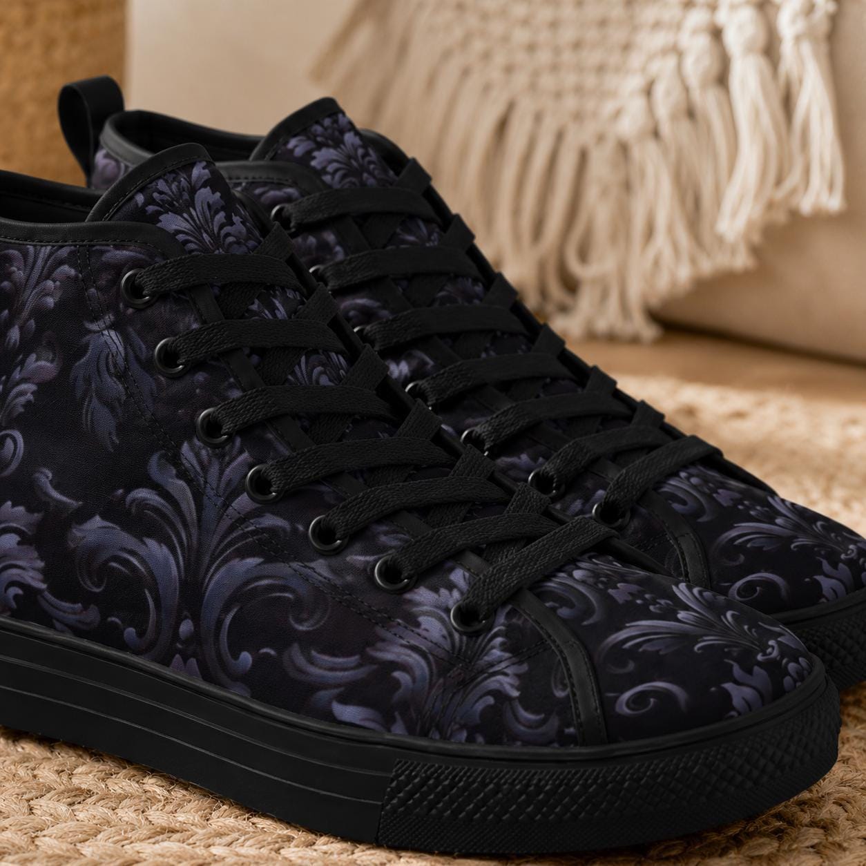 Gothic High Top Sneakers, Black Damask Baroque Canvas Shoes, Goth Streetwear