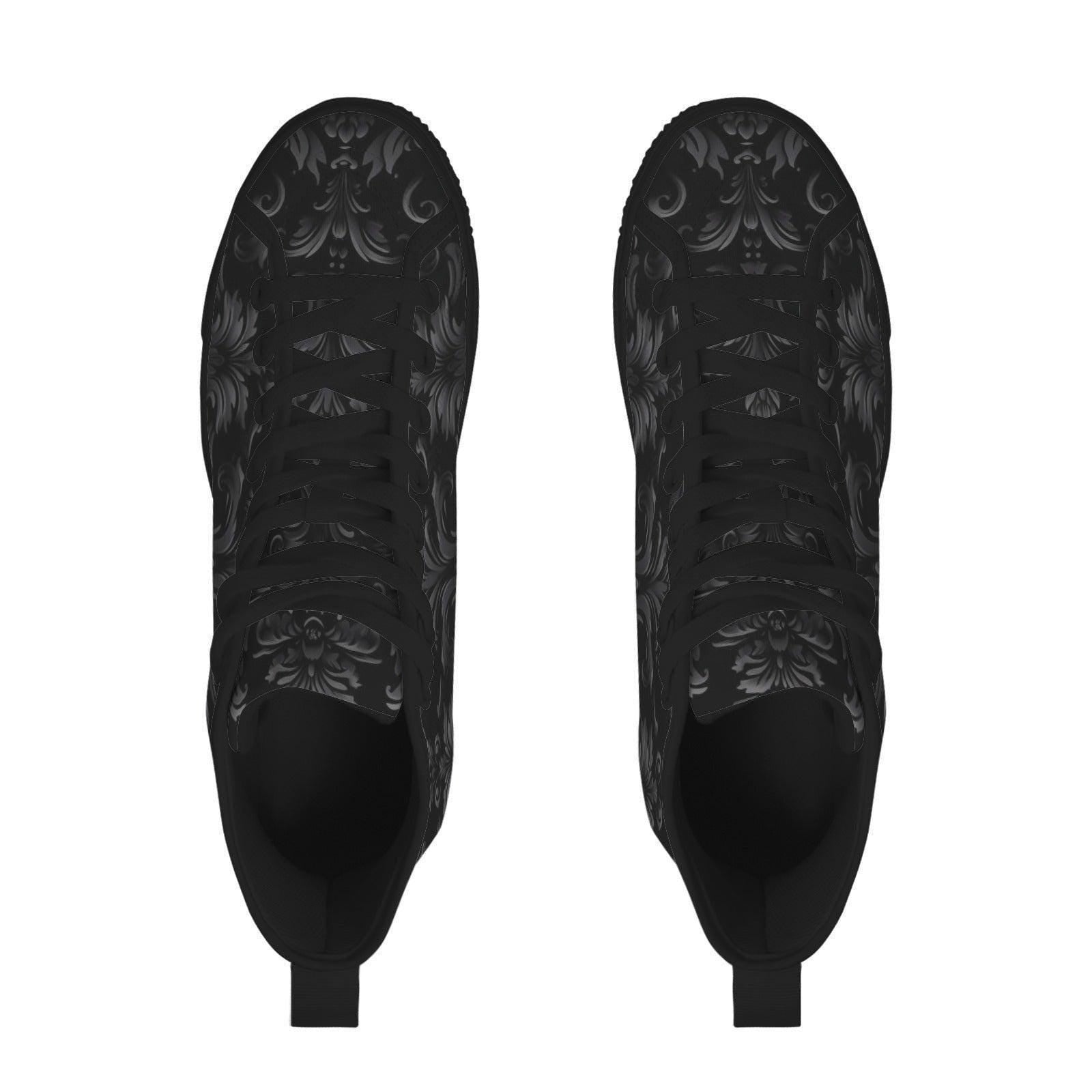 Gothic High Top Sneakers, Black Damask Baroque Canvas Shoes, Goth Streetwear