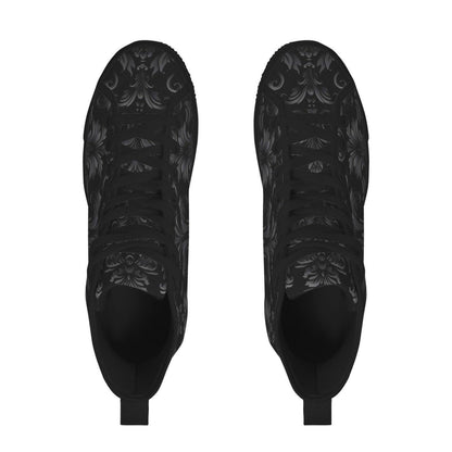 Gothic High Top Sneakers, Black Damask Baroque Canvas Shoes, Goth Streetwear