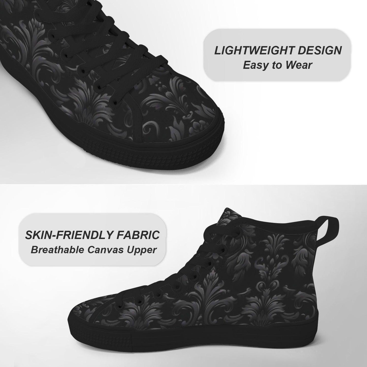 Gothic High Top Sneakers, Black Damask Baroque Canvas Shoes, Goth Streetwear