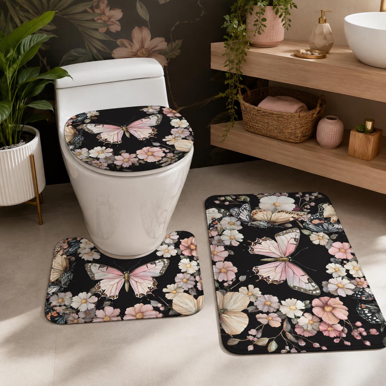 Pink Butterfly 3-Piece Bathroom Rug Set