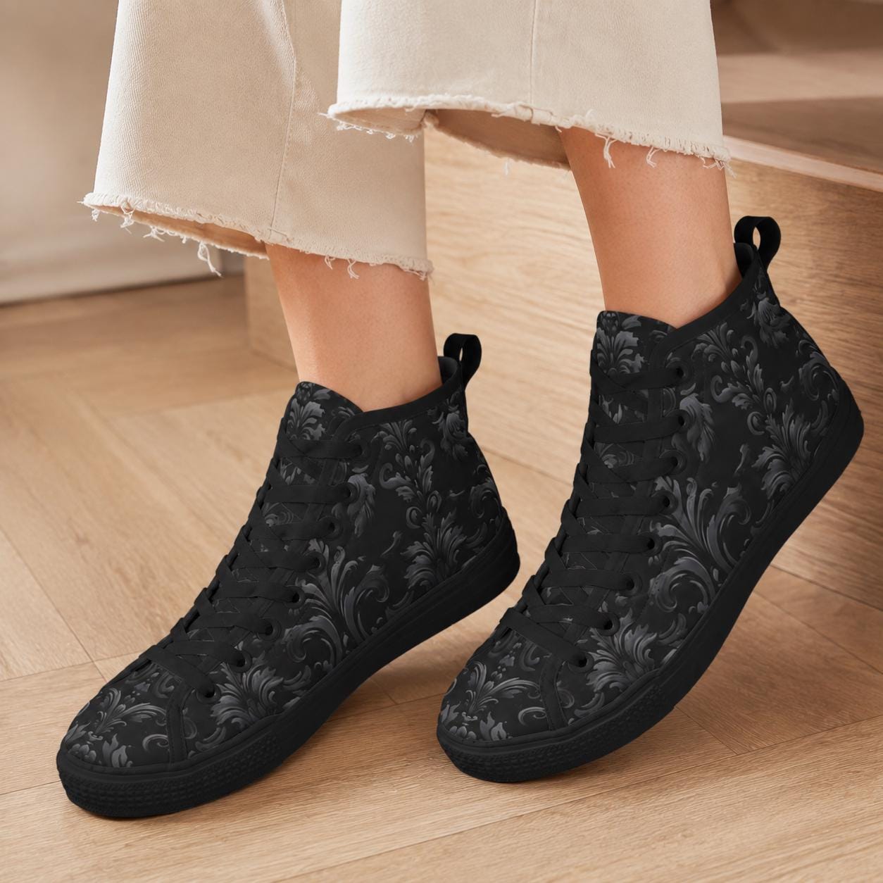 Gothic High Top Sneakers, Black Damask Baroque Canvas Shoes, Goth Streetwear