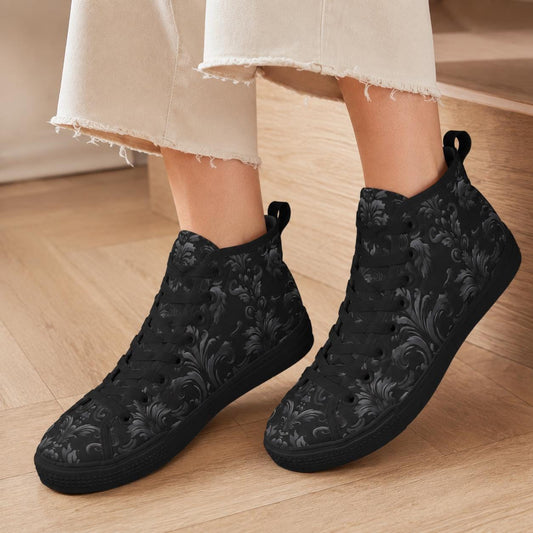 Gothic High Top Sneakers, Black Damask Baroque Canvas Shoes, Goth Streetwear