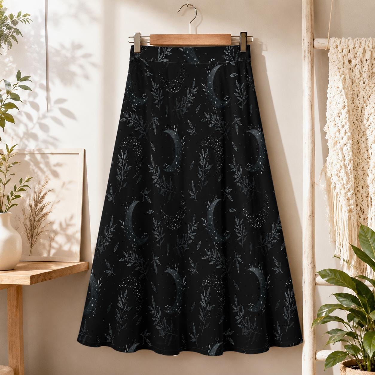Whimsigoth Midi Skirt, Black Moon Botanical Print, High Waist A-Line with Pockets