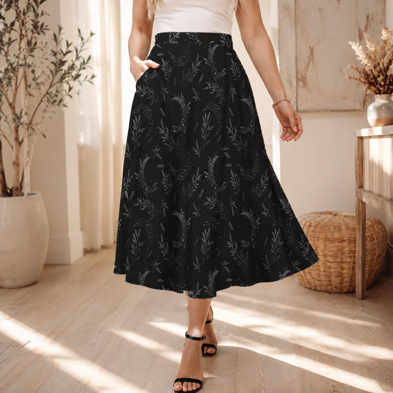 Whimsigoth Midi Skirt, Black Moon Botanical Print, High Waist A-Line with Pockets