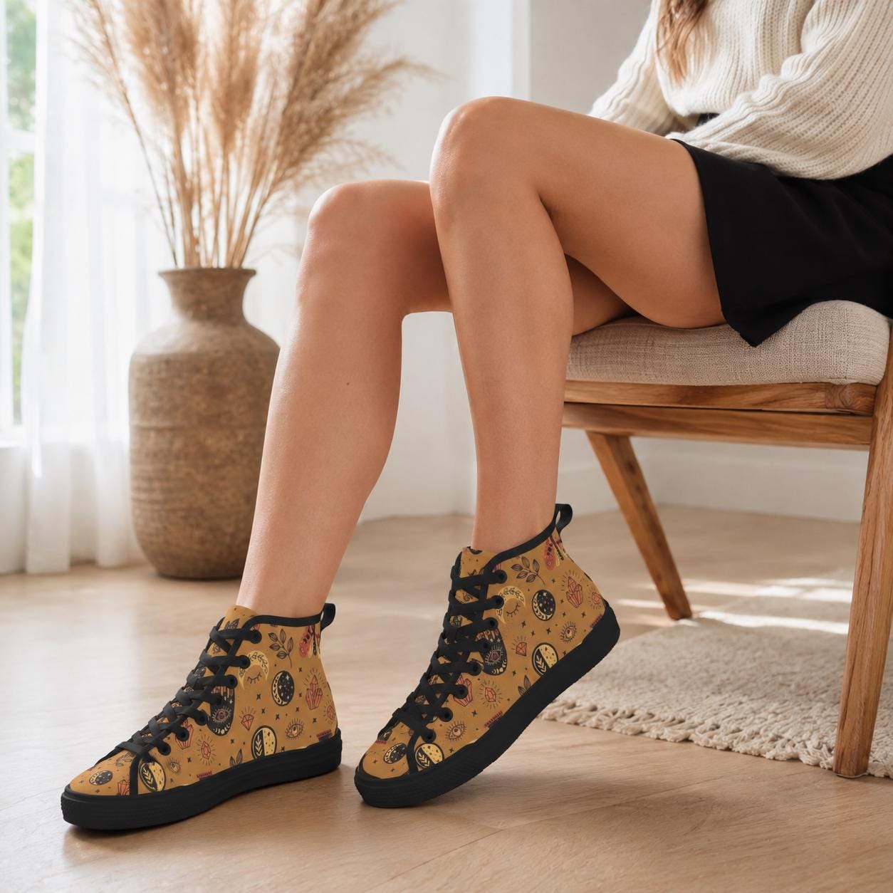 Celestial High Top Sneakers, Tan Sun Moon Mystic Eye Print Canvas Shoes