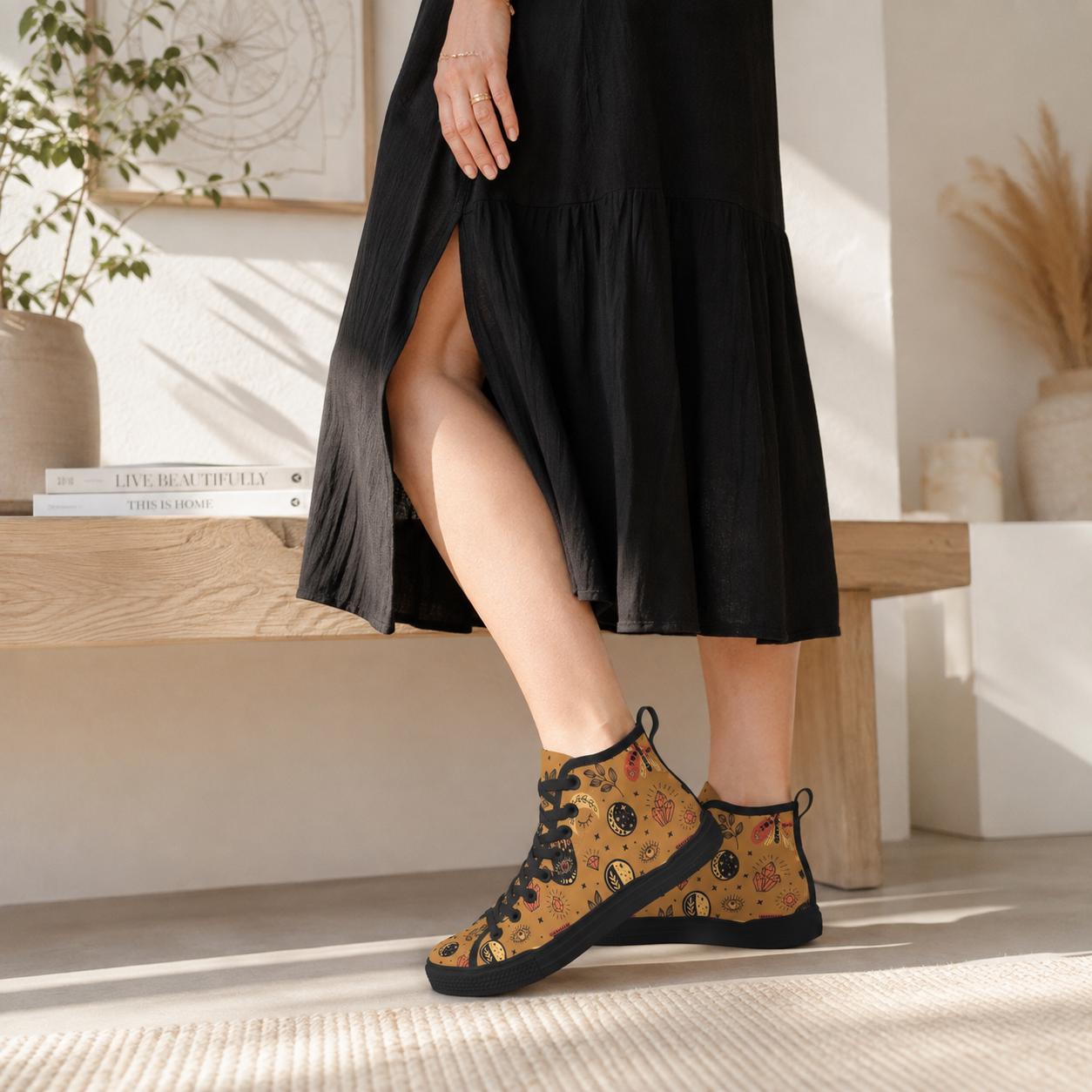 Celestial High Top Sneakers, Tan Sun Moon Mystic Eye Print Canvas Shoes